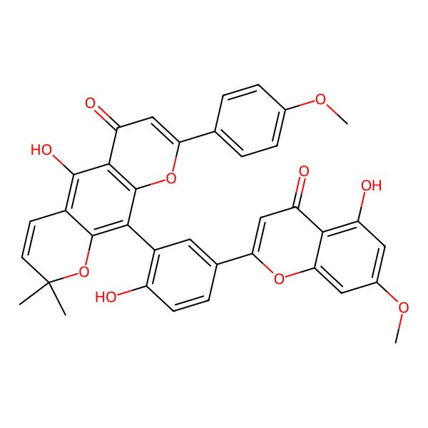 2D Structure of 5-Hydroxy-10-[2-hydroxy-5-(5-hydroxy-7-methoxy-4-oxochromen-2-yl)phenyl]-8-(4-methoxyphenyl)-2,2-dimethylpyrano[3,2-g]chromen-6-one