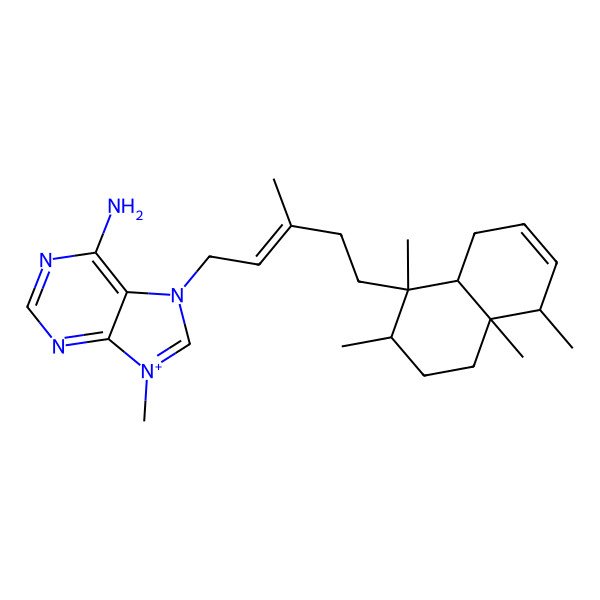 2D Structure of 7-[(E)-5-[(1S,2R,4aS,5R,8aR)-1,2,4a,5-tetramethyl-2,3,4,5,8,8a-hexahydronaphthalen-1-yl]-3-methylpent-2-enyl]-9-methylpurin-9-ium-6-amine