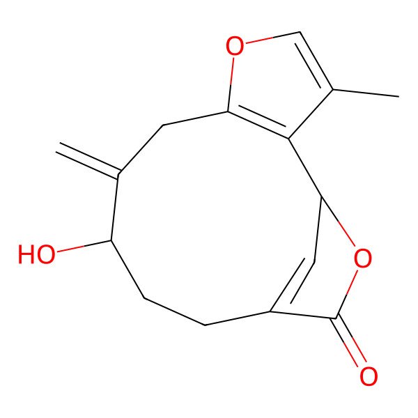 2D Structure of (1R,9R)-9-hydroxy-3-methyl-8-methylidene-5,14-dioxatricyclo[10.2.1.02,6]pentadeca-2(6),3,12(15)-trien-13-one