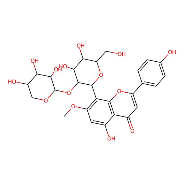 2D Structure of 8-[(2S,3R,4S,5S,6S)-4,5-dihydroxy-6-(hydroxymethyl)-3-[(2R,3R,4R,5S)-3,4,5-trihydroxyoxan-2-yl]oxyoxan-2-yl]-5-hydroxy-2-(4-hydroxyphenyl)-7-methoxychromen-4-one