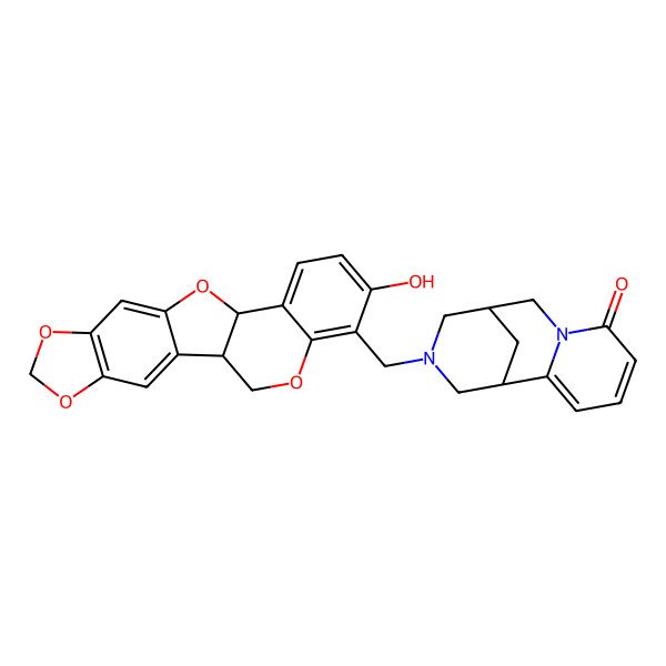 2D Structure of (1R,9S)-11-[[(1R,12R)-16-hydroxy-5,7,11,19-tetraoxapentacyclo[10.8.0.02,10.04,8.013,18]icosa-2,4(8),9,13(18),14,16-hexaen-17-yl]methyl]-7,11-diazatricyclo[7.3.1.02,7]trideca-2,4-dien-6-one