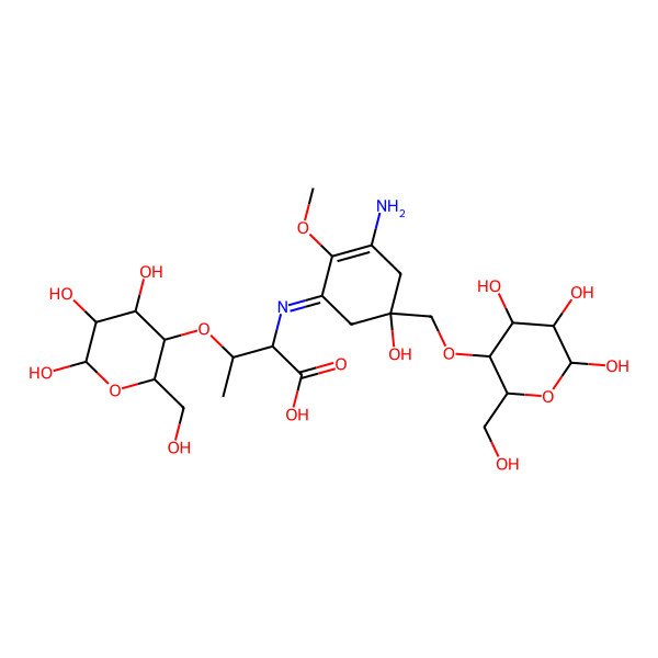 2D Structure of 2-[[3-Amino-5-hydroxy-2-methoxy-5-[[4,5,6-trihydroxy-2-(hydroxymethyl)oxan-3-yl]oxymethyl]cyclohex-2-en-1-ylidene]amino]-3-[4,5,6-trihydroxy-2-(hydroxymethyl)oxan-3-yl]oxybutanoic acid