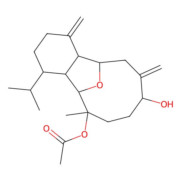 2D Structure of (12-Hydroxy-9-methyl-3,13-dimethylidene-6-propan-2-yl-15-oxatricyclo[6.6.1.02,7]pentadecan-9-yl) acetate