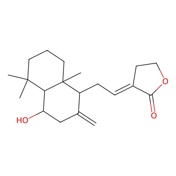 2D Structure of 3-[2-(4-hydroxy-5,5,8a-trimethyl-2-methylidene-3,4,4a,6,7,8-hexahydro-1H-naphthalen-1-yl)ethylidene]oxolan-2-one