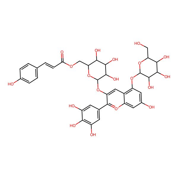 2D Structure of [(2R,3S,4S,5S,6S)-3,4,5-trihydroxy-6-[7-hydroxy-5-[(2S,3R,4S,5S,6S)-3,4,5-trihydroxy-6-(hydroxymethyl)oxan-2-yl]oxy-2-(3,4,5-trihydroxyphenyl)chromenylium-3-yl]oxyoxan-2-yl]methyl (E)-3-(4-hydroxyphenyl)prop-2-enoate