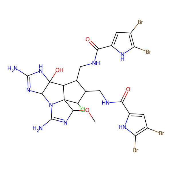 2D Structure of 4,5-dibromo-N-[[(2R,6S,10S,11R,12R,13R,14R)-4,8-diamino-14-chloro-13-[[(4,5-dibromo-1H-pyrrole-2-carbonyl)amino]methyl]-10-hydroxy-2-methoxy-3,5,7,9-tetrazatetracyclo[9.3.0.01,5.06,10]tetradeca-3,7-dien-12-yl]methyl]-1H-pyrrole-2-carboxamide