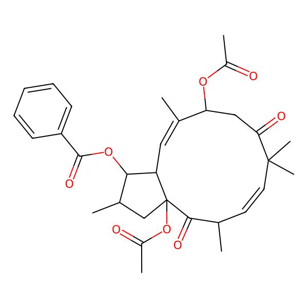 2D Structure of [(1S,2R,3aR,5S,6E,11R,12E,13aS)-3a,11-diacetyloxy-2,5,8,8,12-pentamethyl-4,9-dioxo-2,3,5,10,11,13a-hexahydro-1H-cyclopenta[12]annulen-1-yl] benzoate