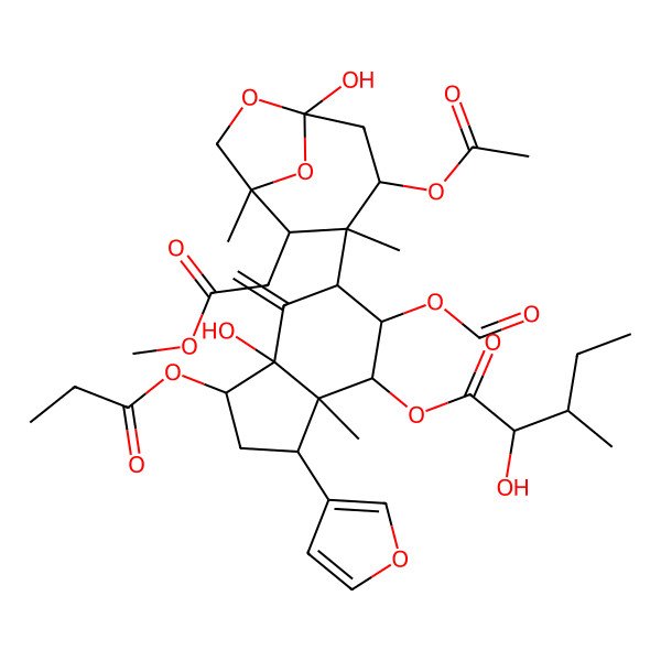 2D Structure of [6-[4-Acetyloxy-6-hydroxy-2-(2-methoxy-2-oxoethyl)-1,3-dimethyl-7,9-dioxabicyclo[4.2.1]nonan-3-yl]-5-formyloxy-3-(furan-3-yl)-7a-hydroxy-3a-methyl-7-methylidene-1-propanoyloxy-1,2,3,4,5,6-hexahydroinden-4-yl] 2-hydroxy-3-methylpentanoate