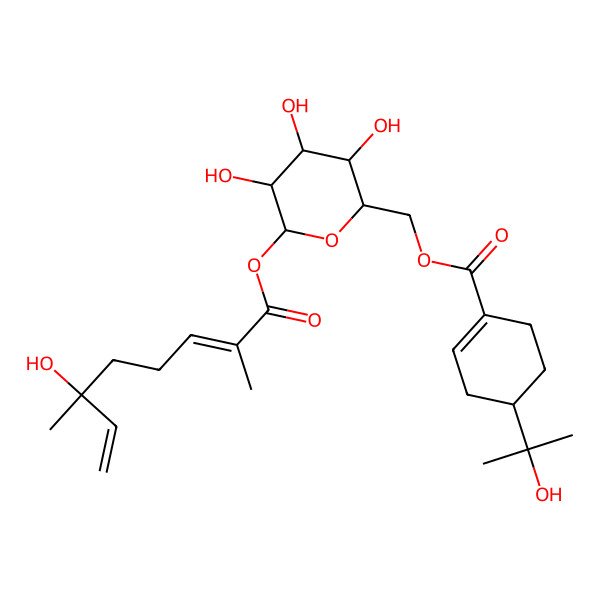 2D Structure of [(2R,3S,4S,5R,6S)-3,4,5-trihydroxy-6-[(2E,6S)-6-hydroxy-2,6-dimethylocta-2,7-dienoyl]oxyoxan-2-yl]methyl (4R)-4-(2-hydroxypropan-2-yl)cyclohexene-1-carboxylate