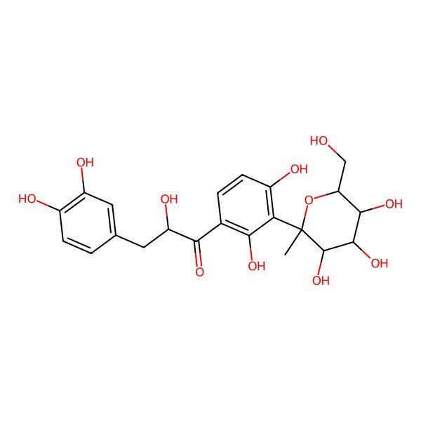 2D Structure of (2R)-3-(3,4-dihydroxyphenyl)-1-[2,4-dihydroxy-3-[(2S,3R,4S,5S,6R)-3,4,5-trihydroxy-6-(hydroxymethyl)-2-methyloxan-2-yl]phenyl]-2-hydroxypropan-1-one