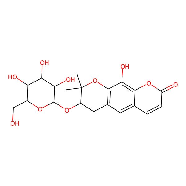 2D Structure of 2H,6H-Benzo(1,2-b:5,4-b')dipyran-2-one, 7-(beta-D-glucopyranosyloxy)-7,8-dihydro-10-hydroxy-8,8-dimethyl-