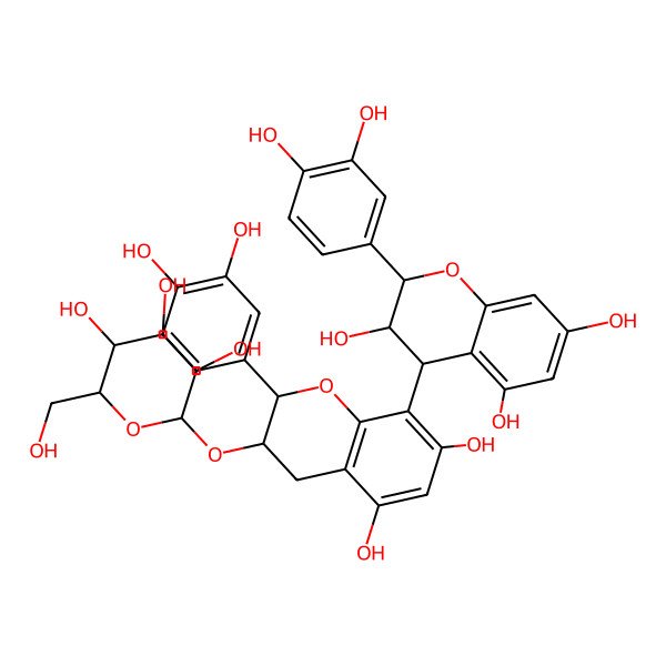 2D Structure of (2R,3S,4S)-2-(3,4-dihydroxyphenyl)-4-[(2R,3S)-2-(3,4-dihydroxyphenyl)-5,7-dihydroxy-3-[(2R,3R,4S,5S,6R)-3,4,5-trihydroxy-6-(hydroxymethyl)oxan-2-yl]oxy-3,4-dihydro-2H-chromen-8-yl]-3,4-dihydro-2H-chromene-3,5,7-triol