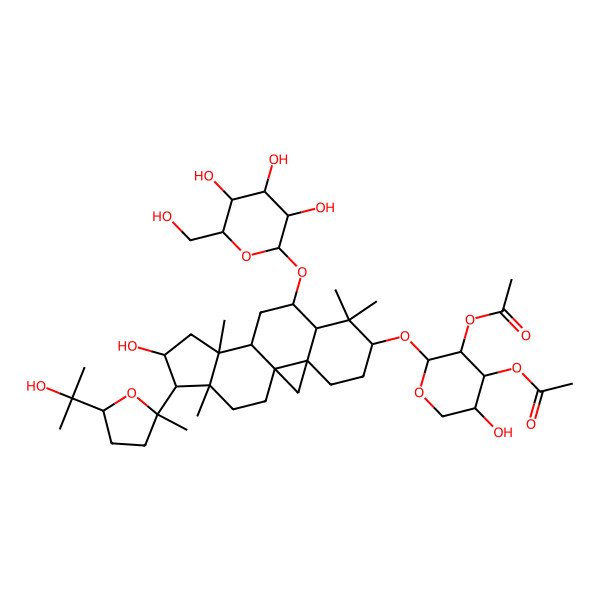 2D Structure of [(2R,3R,4S,5S)-3-acetyloxy-5-hydroxy-2-[[(1S,3R,6R,8S,9R,11S,12R,14S,15S,16R)-14-hydroxy-15-[(2R,5R)-5-(2-hydroxypropan-2-yl)-2-methyloxolan-2-yl]-7,7,12,16-tetramethyl-9-[(2R,3R,4S,5S,6R)-3,4,5-trihydroxy-6-(hydroxymethyl)oxan-2-yl]oxy-6-pentacyclo[9.7.0.01,3.03,8.012,16]octadecanyl]oxy]oxan-4-yl] acetate