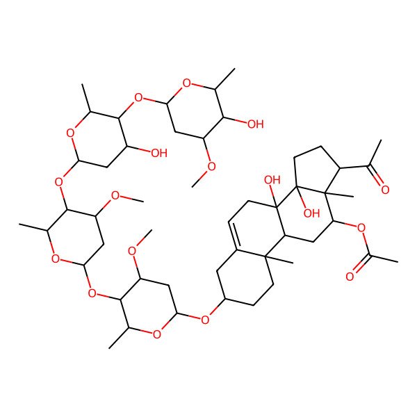 2D Structure of [17-acetyl-8,14-dihydroxy-3-[5-[5-[4-hydroxy-5-(5-hydroxy-4-methoxy-6-methyloxan-2-yl)oxy-6-methyloxan-2-yl]oxy-4-methoxy-6-methyloxan-2-yl]oxy-4-methoxy-6-methyloxan-2-yl]oxy-10,13-dimethyl-2,3,4,7,9,11,12,15,16,17-decahydro-1H-cyclopenta[a]phenanthren-12-yl] acetate