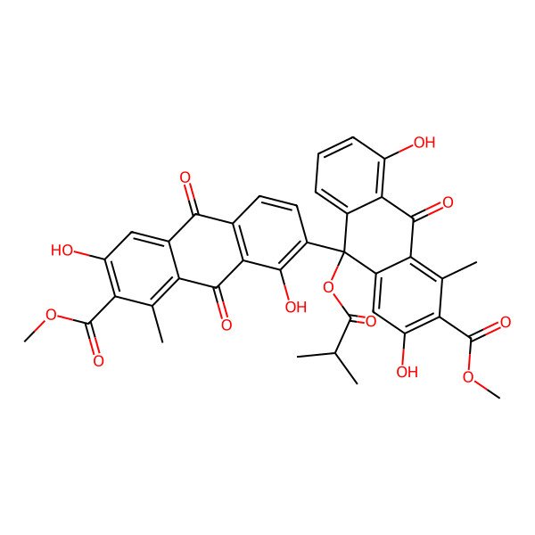 2D Structure of methyl 7-[(9R)-2,5-dihydroxy-3-methoxycarbonyl-4-methyl-9-(2-methylpropanoyloxy)-10-oxoanthracen-9-yl]-3,8-dihydroxy-1-methyl-9,10-dioxoanthracene-2-carboxylate