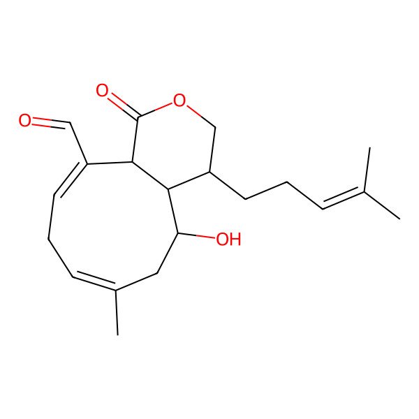 2D Structure of (4S,4aR,5S,7E,10E,11aR)-5-hydroxy-7-methyl-4-(4-methylpent-3-enyl)-1-oxo-4,4a,5,6,9,11a-hexahydro-3H-cyclonona[c]pyran-11-carbaldehyde