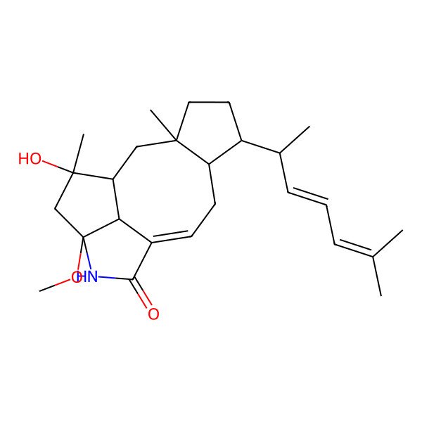 2D Structure of 15-Hydroxy-13-methoxy-3,15-dimethyl-6-(6-methylhepta-3,5-dien-2-yl)-12-azatetracyclo[8.5.1.03,7.013,16]hexadec-9-en-11-one