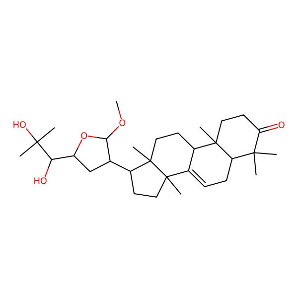 2D Structure of (5R,9R,10R,13S,14R,17S)-17-[(2S,3S,5R)-5-[(1S)-1,2-dihydroxy-2-methylpropyl]-2-methoxyoxolan-3-yl]-4,4,10,13,14-pentamethyl-1,2,5,6,9,11,12,15,16,17-decahydrocyclopenta[a]phenanthren-3-one