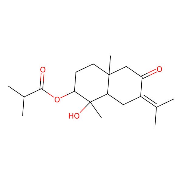 2D Structure of (1-Hydroxy-1,4a-dimethyl-6-oxo-7-propan-2-ylidene-2,3,4,5,8,8a-hexahydronaphthalen-2-yl) 2-methylpropanoate 2D Structure of (1-Hydroxy-1,4a-dimethyl-6-oxo-7-propan-2-ylidene-2,3,4,5,8,8a-hexahydronaphthalen-2-yl) 2-methylpropanoate