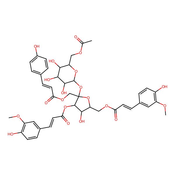 2D Structure of [2-[6-(Acetyloxymethyl)-3,4,5-trihydroxyoxan-2-yl]oxy-4-hydroxy-3-[3-(4-hydroxy-3-methoxyphenyl)prop-2-enoyloxy]-5-[3-(4-hydroxy-3-methoxyphenyl)prop-2-enoyloxymethyl]oxolan-2-yl]methyl 3-(4-hydroxyphenyl)prop-2-enoate