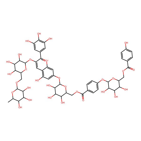 2D Structure of [(3S,4S,6S)-3,4,5-trihydroxy-6-[4-[[(3S,4S,6S)-3,4,5-trihydroxy-6-[5-hydroxy-2-(3,4,5-trihydroxyphenyl)-3-[(2S,5S,6R)-3,4,5-trihydroxy-6-[[(2R,3S,5R)-3,4,5-trihydroxy-6-methyloxan-2-yl]oxymethyl]oxan-2-yl]oxychromenylium-7-yl]oxyoxan-2-yl]methoxycarbonyl]phenoxy]oxan-2-yl]methyl 4-hydroxybenzoate