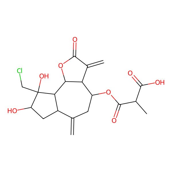 2D Structure of (2S)-3-[[(3aR,4S,6aR,8S,9S,9aS,9bS)-9-(chloromethyl)-8,9-dihydroxy-3,6-dimethylidene-2-oxo-3a,4,5,6a,7,8,9a,9b-octahydroazuleno[4,5-b]furan-4-yl]oxy]-2-methyl-3-oxopropanoic acid