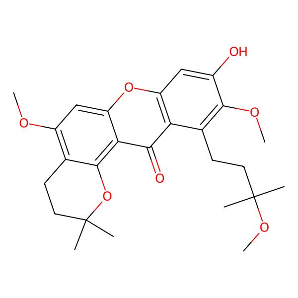 2D Structure of 9-Hydroxy-5,10-dimethoxy-11-(3-methoxy-3-methylbutyl)-2,2-dimethyl-3,4-dihydropyrano[2,3-a]xanthen-12-one