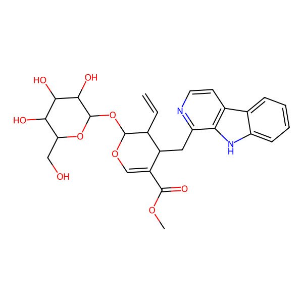 2D Structure of methyl (2R,3S,4S)-3-ethenyl-4-(9H-pyrido[3,4-b]indol-1-ylmethyl)-2-[(2S,3R,4S,5S,6R)-3,4,5-trihydroxy-6-(hydroxymethyl)oxan-2-yl]oxy-3,4-dihydro-2H-pyran-5-carboxylate
