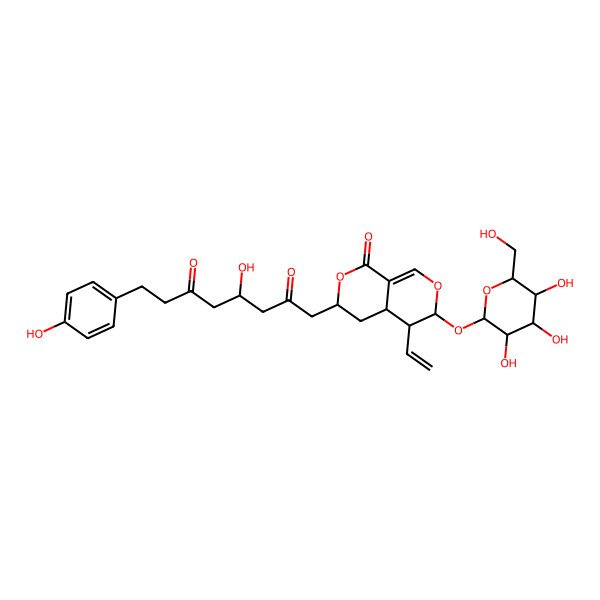 2D Structure of (4S)-1-[(3R,4As,5R,6S)-5-ethenyl-1-oxo-6-[(2S,3R,4S,5S,6R)-3,4,5-trihydroxy-6-(hydroxymethyl)oxan-2-yl]oxy-4,4a,5,6-tetrahydro-3H-pyrano[3,4-c]pyran-3-yl]-4-hydroxy-8-(4-hydroxyphenyl)octane-2,6-dione