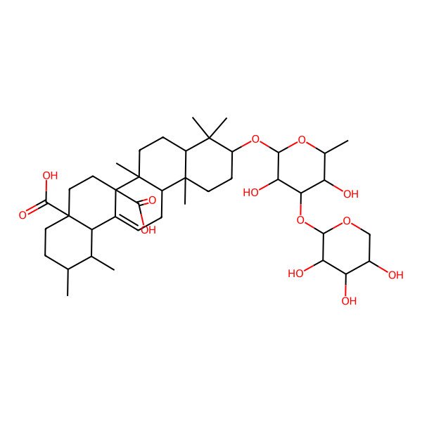 2D Structure of (1S,2R,6aR,6bR,12aR)-10-[(3R,4S,5R,6R)-3,5-dihydroxy-6-methyl-4-[(3R,4S,5R)-3,4,5-trihydroxyoxan-2-yl]oxyoxan-2-yl]oxy-1,2,6b,9,9,12a-hexamethyl-2,3,4,5,6,6a,7,8,8a,10,11,12,13,14b-tetradecahydro-1H-picene-4a,6a-dicarboxylic acid