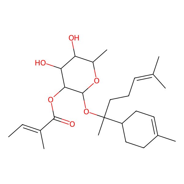2D Structure of [(2S,3R,4S,5R,6R)-4,5-dihydroxy-6-methyl-2-[(2R)-6-methyl-2-[(1S)-4-methylcyclohex-3-en-1-yl]hept-5-en-2-yl]oxyoxan-3-yl] (Z)-2-methylbut-2-enoate