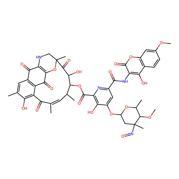 2D Structure of [(10Z,12S,13R,14S,16S)-7,14-dihydroxy-6,10,12,16-tetramethyl-2,9,15,21-tetraoxo-20-oxa-18-azatetracyclo[14.3.1.14,19.03,8]henicosa-1(19),3,5,7,10-pentaen-13-yl] 3-hydroxy-6-[(4-hydroxy-7-methoxy-2-oxochromen-3-yl)carbamoyl]-4-[(2S,4R,5S,6S)-5-methoxy-4,6-dimethyl-4-nitrosooxan-2-yl]oxypyridine-2-carboxylate