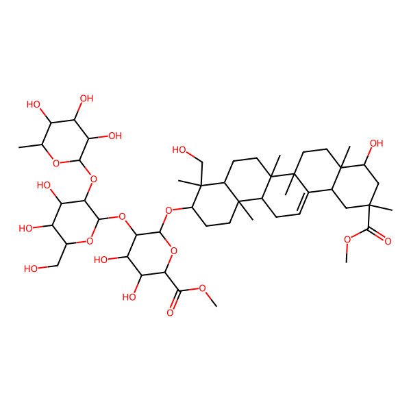 2D Structure of methyl (2S,3S,4S,5R,6R)-6-[[(3S,4S,4aR,6aR,6bS,8aR,9R,11S,12aS,14aR,14bR)-9-hydroxy-4-(hydroxymethyl)-11-methoxycarbonyl-4,6a,6b,8a,11,14b-hexamethyl-1,2,3,4a,5,6,7,8,9,10,12,12a,14,14a-tetradecahydropicen-3-yl]oxy]-5-[(2S,3R,4S,5R,6R)-4,5-dihydroxy-6-(hydroxymethyl)-3-[(2S,3R,4R,5R,6S)-3,4,5-trihydroxy-6-methyloxan-2-yl]oxyoxan-2-yl]oxy-3,4-dihydroxyoxane-2-carboxylate