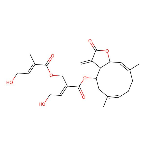 2D Structure of (6,10-Dimethyl-3-methylidene-2-oxo-3a,4,5,8,9,11a-hexahydrocyclodeca[b]furan-4-yl) 4-hydroxy-2-[(4-hydroxy-2-methylbut-2-enoyl)oxymethyl]but-2-enoate
