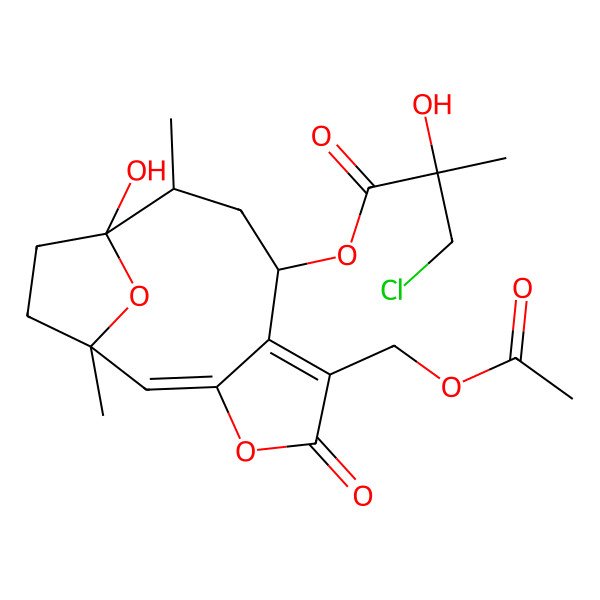 2D Structure of [(1R,2E,8S,10R,11S)-6-(acetyloxymethyl)-11-hydroxy-1,10-dimethyl-5-oxo-4,14-dioxatricyclo[9.2.1.03,7]tetradeca-2,6-dien-8-yl] (2S)-3-chloro-2-hydroxy-2-methylpropanoate