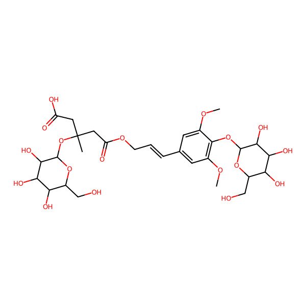 2D Structure of (3S)-5-[(E)-3-[3,5-dimethoxy-4-[(2S,3R,4S,5S,6R)-3,4,5-trihydroxy-6-(hydroxymethyl)oxan-2-yl]oxyphenyl]prop-2-enoxy]-3-methyl-5-oxo-3-[(2S,3R,4S,5S,6R)-3,4,5-trihydroxy-6-(hydroxymethyl)oxan-2-yl]oxypentanoic acid