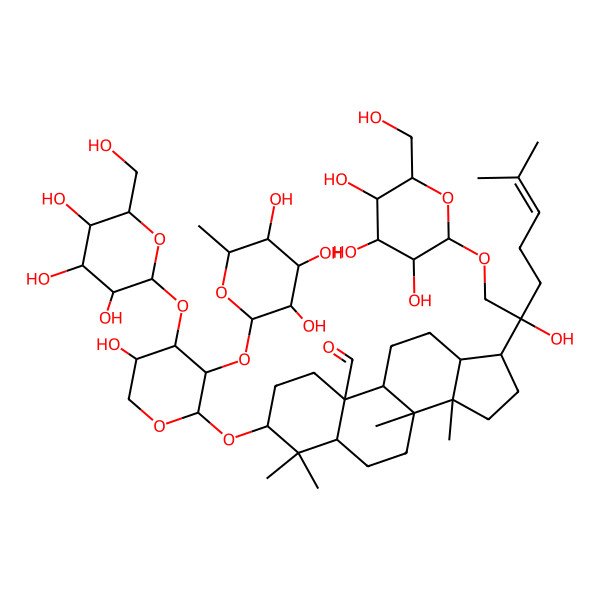 2D Structure of (3S,5R,8R,9S,10S,13S,14R,17R)-17-[(2R)-2-hydroxy-6-methyl-1-[(2S,3S,4S,5S,6R)-3,4,5-trihydroxy-6-(hydroxymethyl)oxan-2-yl]oxyhept-5-en-2-yl]-3-[(2S,3R,4S,5R)-5-hydroxy-4-[(2S,3S,4S,5S,6R)-3,4,5-trihydroxy-6-(hydroxymethyl)oxan-2-yl]oxy-3-[(2R,3S,4R,5R,6R)-3,4,5-trihydroxy-6-methyloxan-2-yl]oxyoxan-2-yl]oxy-4,4,8,14-tetramethyl-2,3,5,6,7,9,11,12,13,15,16,17-dodecahydro-1H-cyclopenta[a]phenanthrene-10-carbaldehyde