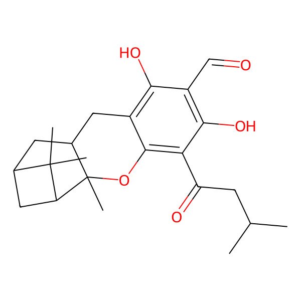 2D Structure of 6,8-Dihydroxy-2,14,14-trimethyl-5-(3-methylbutanoyl)-3-oxatetracyclo[11.1.1.02,11.04,9]pentadeca-4,6,8-triene-7-carbaldehyde