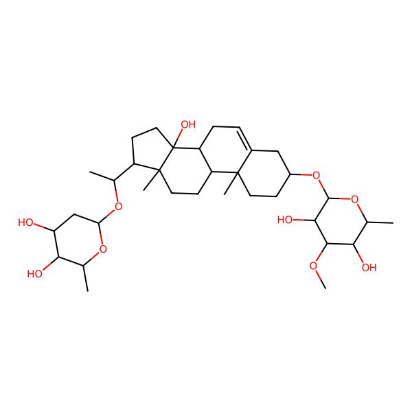 2D Structure of 2-[[17-[1-(4,5-Dihydroxy-6-methyloxan-2-yl)oxyethyl]-14-hydroxy-10,13-dimethyl-1,2,3,4,7,8,9,11,12,15,16,17-dodecahydrocyclopenta[a]phenanthren-3-yl]oxy]-4-methoxy-6-methyloxane-3,5-diol