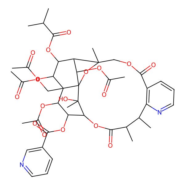 2D Structure of [19,21,24-Triacetyloxy-20-(acetyloxymethyl)-25-hydroxy-3,13,14,25-tetramethyl-22-(2-methylpropanoyloxy)-6,15-dioxo-2,5,16-trioxa-11-azapentacyclo[15.7.1.01,20.03,23.07,12]pentacosa-7(12),8,10-trien-18-yl] pyridine-3-carboxylate
