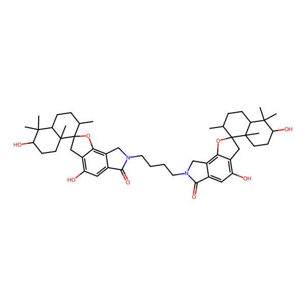 2D Structure of 7'-[4-(3,4'-dihydroxy-4,4,7,8a-tetramethyl-6'-oxospiro[2,3,4a,5,6,7-hexahydro-1H-naphthalene-8,2'-3,8-dihydrofuro[2,3-e]isoindole]-7'-yl)butyl]-3,4'-dihydroxy-4,4,7,8a-tetramethylspiro[2,3,4a,5,6,7-hexahydro-1H-naphthalene-8,2'-3,8-dihydrofuro[2,3-e]isoindole]-6'-one