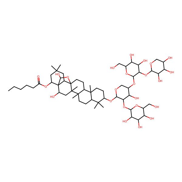 2D Structure of [10-[5-[4,5-Dihydroxy-6-(hydroxymethyl)-3-(3,4,5-trihydroxyoxan-2-yl)oxyoxan-2-yl]oxy-4-hydroxy-3-[3,4,5-trihydroxy-6-(hydroxymethyl)oxan-2-yl]oxyoxan-2-yl]oxy-2,23-dihydroxy-4,5,9,9,13,20,20-heptamethyl-24-oxahexacyclo[15.5.2.01,18.04,17.05,14.08,13]tetracosan-22-yl] hexanoate