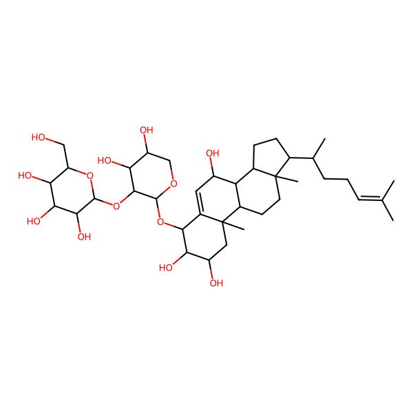 2D Structure of (3R,4S,5R,6R)-2-[(3R,4S,5R)-4,5-dihydroxy-2-[[(2R,3S,4R,7R,8S,9S,10R,13R,14S,17R)-2,3,7-trihydroxy-10,13-dimethyl-17-[(2R)-6-methylhept-5-en-2-yl]-2,3,4,7,8,9,11,12,14,15,16,17-dodecahydro-1H-cyclopenta[a]phenanthren-4-yl]oxy]oxan-3-yl]oxy-6-(hydroxymethyl)oxane-3,4,5-triol