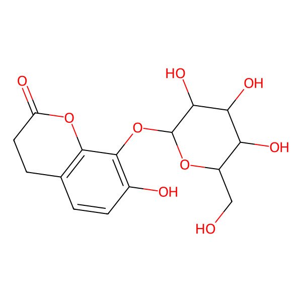 2D Structure of 7-hydroxy-8-[(2S,3R,4S,5S,6R)-3,4,5-trihydroxy-6-(hydroxymethyl)oxan-2-yl]oxy-3,4-dihydrochromen-2-one