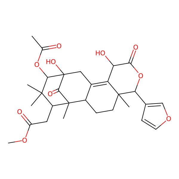 2D Structure of Methyl 2-[14-acetyloxy-6-(furan-3-yl)-9,13-dihydroxy-1,5,15,15-tetramethyl-8,17-dioxo-7-oxatetracyclo[11.3.1.02,11.05,10]heptadec-10-en-16-yl]acetate