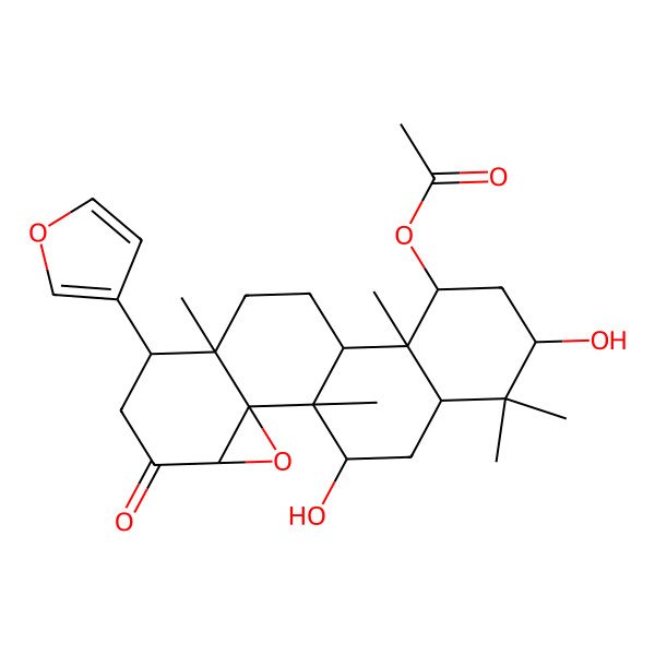 2D Structure of [7-(Furan-3-yl)-15,19-dihydroxy-1,8,12,16,16-pentamethyl-5-oxo-3-oxapentacyclo[9.8.0.02,4.02,8.012,17]nonadecan-13-yl] acetate