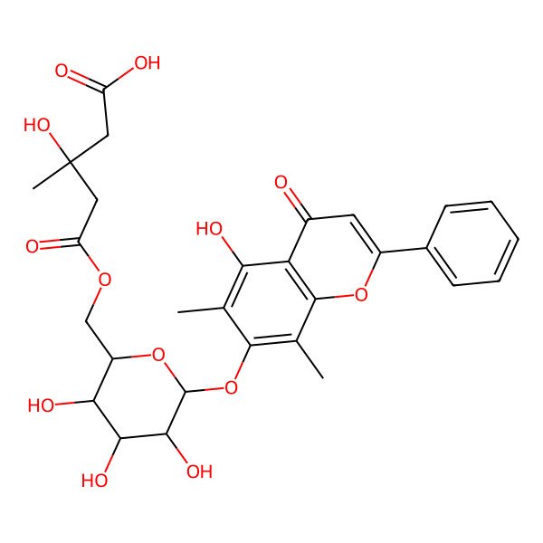 2D Structure of (3S)-3-hydroxy-3-methyl-5-oxo-5-[[(2R,3S,4S,5R,6S)-3,4,5-trihydroxy-6-(5-hydroxy-6,8-dimethyl-4-oxo-2-phenylchromen-7-yl)oxyoxan-2-yl]methoxy]pentanoic acid