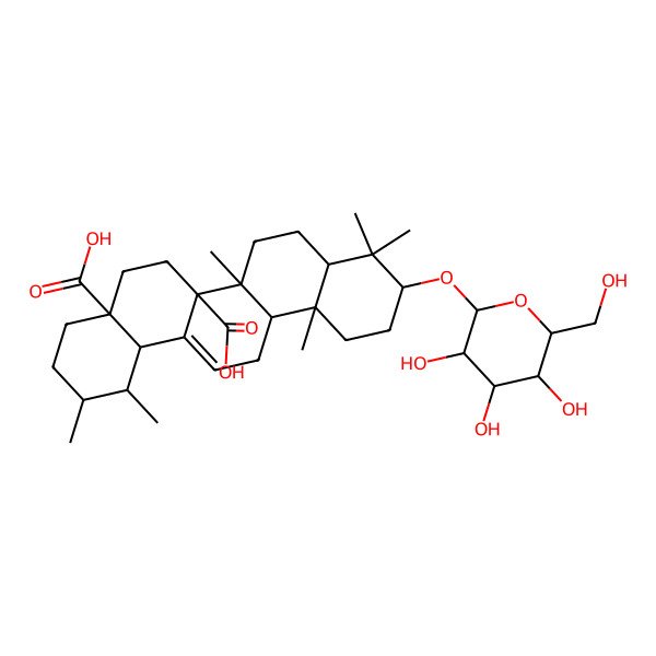 2D Structure of (1S,2R,4aS,6aR,6aR,6bR,8aR,10S,12aR,14bS)-1,2,6b,9,9,12a-hexamethyl-10-[(2S,3R,4S,5S,6R)-3,4,5-trihydroxy-6-(hydroxymethyl)oxan-2-yl]oxy-2,3,4,5,6,6a,7,8,8a,10,11,12,13,14b-tetradecahydro-1H-picene-4a,6a-dicarboxylic acid