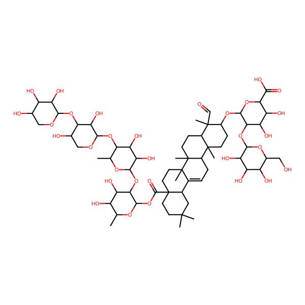 2D Structure of (2S,3S,4S,5R,6R)-6-[[(3S,4S,4aR,6aR,6bS,8aS,12aS,14aR,14bR)-8a-[(2S,3R,4S,5R,6R)-3-[(2S,3R,4S,5R,6S)-5-[(2S,3R,4S,5R)-3,5-dihydroxy-4-[(2S,3R,4S,5R)-3,4,5-trihydroxyoxan-2-yl]oxyoxan-2-yl]oxy-3,4-dihydroxy-6-methyloxan-2-yl]oxy-4,5-dihydroxy-6-methyloxan-2-yl]oxycarbonyl-4-formyl-4,6a,6b,11,11,14b-hexamethyl-1,2,3,4a,5,6,7,8,9,10,12,12a,14,14a-tetradecahydropicen-3-yl]oxy]-3,4-dihydroxy-5-[(2S,3R,4S,5R,6R)-3,4,5-trihydroxy-6-(hydroxymethyl)oxan-2-yl]oxyoxane-2-carboxylic acid
