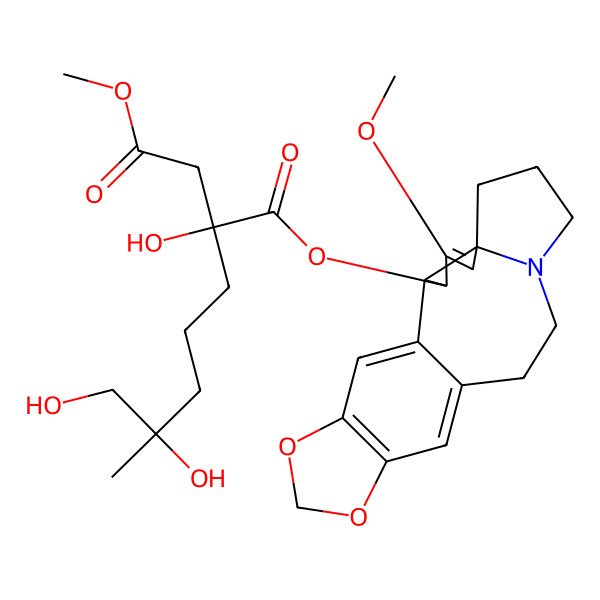 2D Structure of 1-O-[(2S,3S,6R)-4-methoxy-16,18-dioxa-10-azapentacyclo[11.7.0.02,6.06,10.015,19]icosa-1(20),4,13,15(19)-tetraen-3-yl] 4-O-methyl (2R)-2-[(4R)-4,5-dihydroxy-4-methylpentyl]-2-hydroxybutanedioate